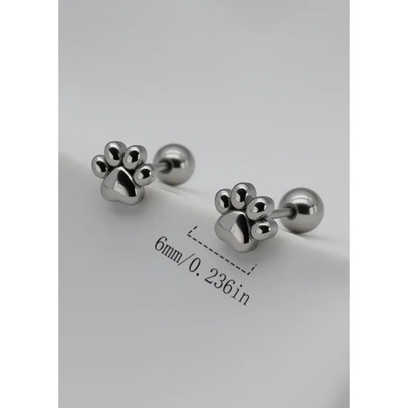Silver Paw Print Stud Earrings Screw Back Ball Minimalist Pet Jewelry 6mm - Picture 2 of 3